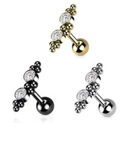 Barbell Piercing mit 2 Zirkonia – Chirurgenstahl 316L PVD | 1,2 x 6 mm | Gold, Schwarz & Silber