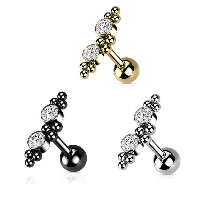 Barbell Piercing mit 2 Zirkonia – Chirurgenstahl 316L PVD | 1,2 x 6 mm | Gold, Schwarz & Silber
