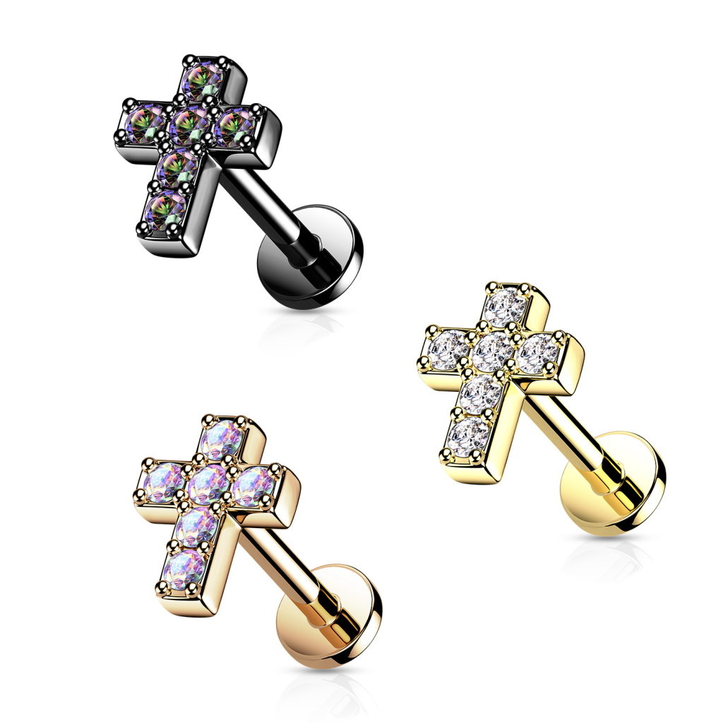 Labret Stecker Kreuz mit Zirkonia