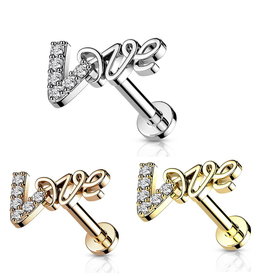 Labret Stecker LOVE mit Kristallsteinchen – Innengewinde | Chirurgenstahl PVD | 1,2 mm | 6 mm oder 8 mm | Gold, Roségold & Silber