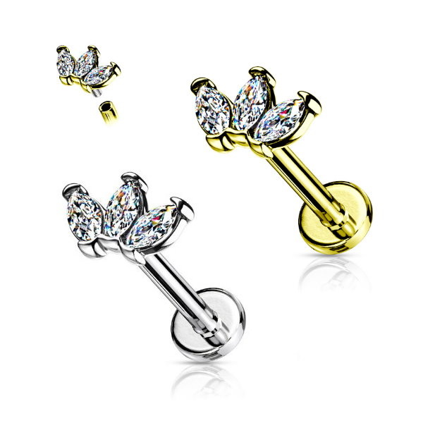 Labret Piercing mit 3 Zirkonia im Marquise-Schliff