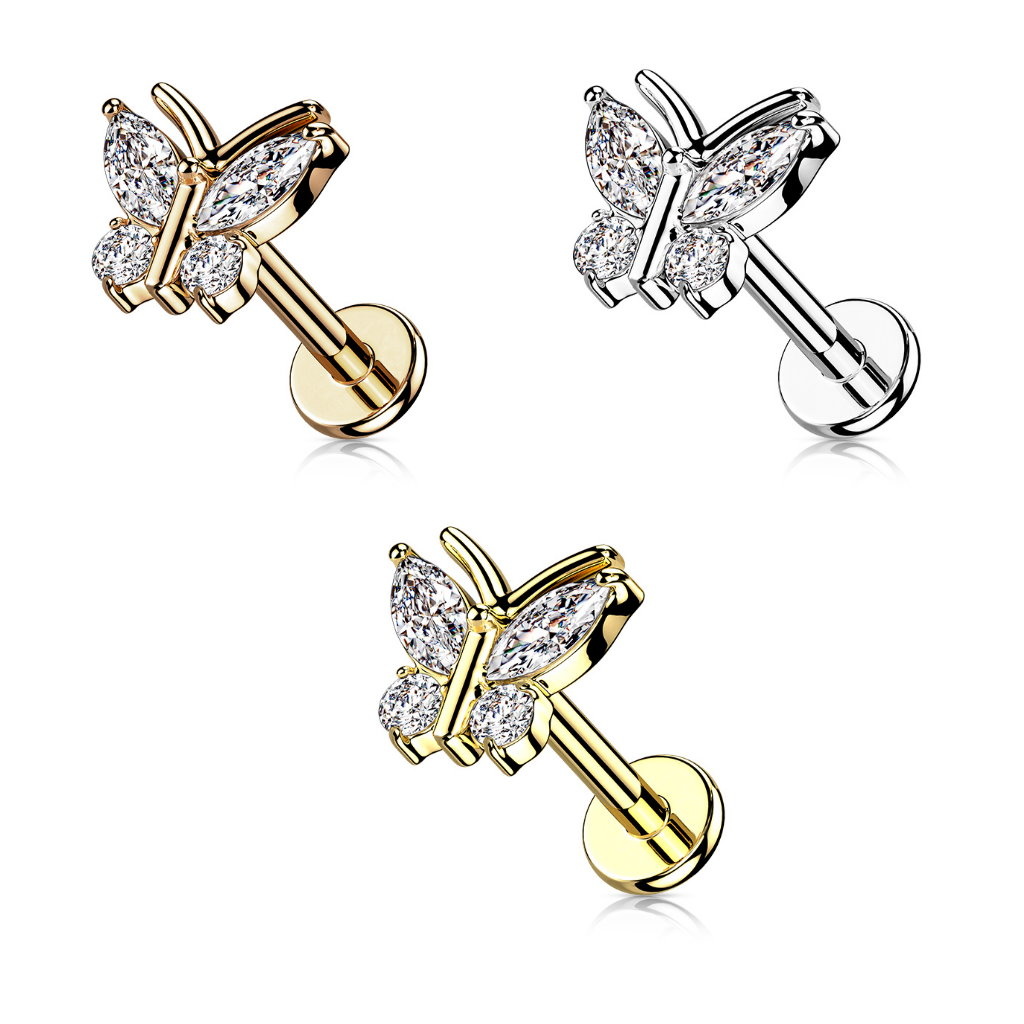 Labret Piercing Schmetterling mit Kristall-Zirkonia – Innengewinde