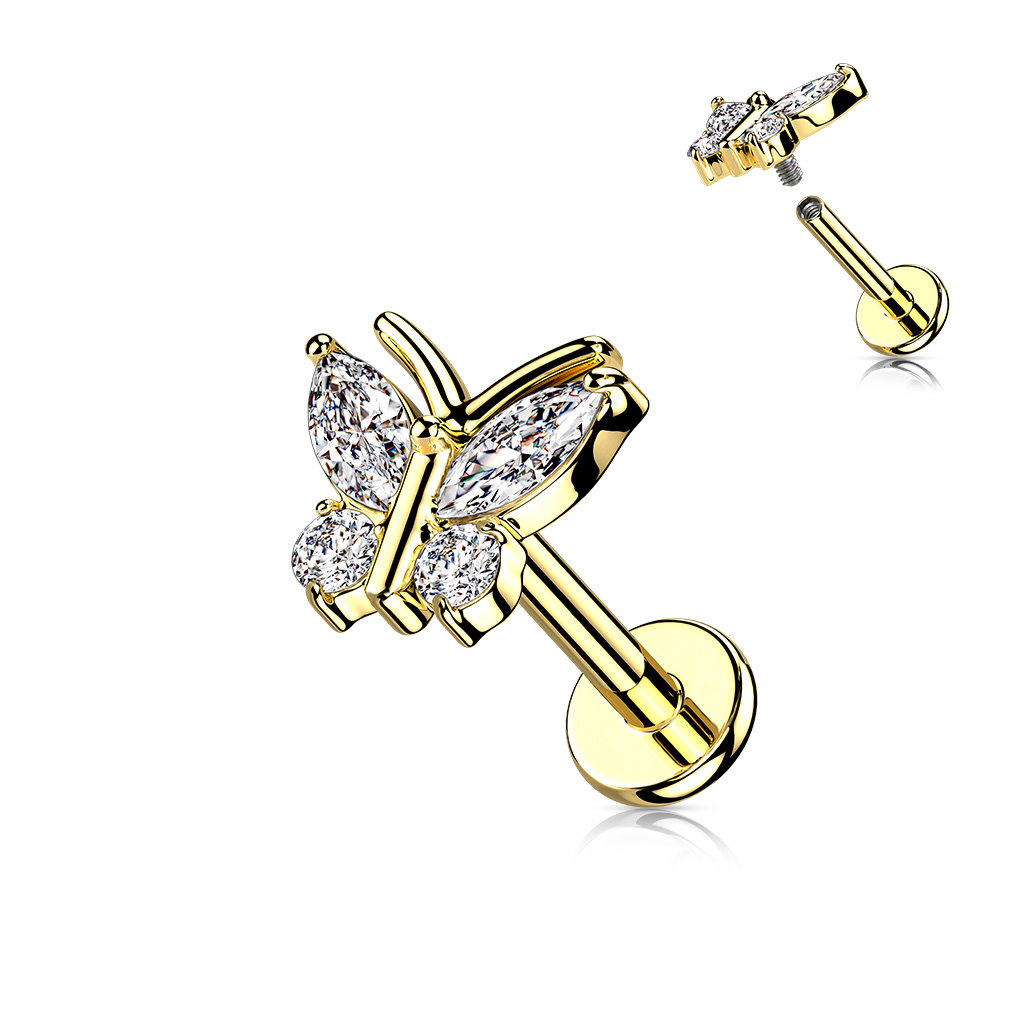 Labret Piercing Schmetterling mit Kristall-Zirkonia – Innengewinde