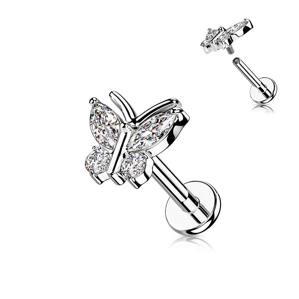 Labret Piercing Schmetterling mit Kristall-Zirkonia – Innengewinde