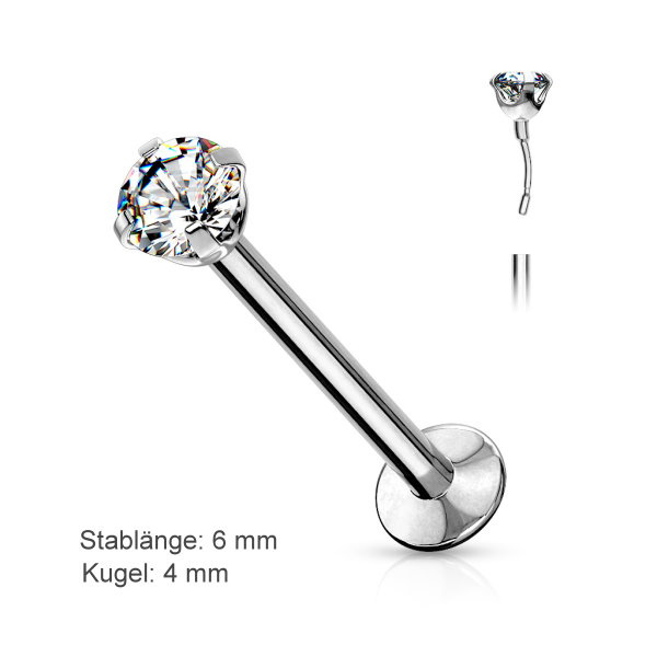 Labret Piercing Stecker mit 4 mm Kristall
