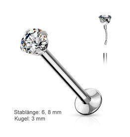 Labret Stecker mit 3 mm Kristall – Chirurgenstahl 316L | Push-In | 6, 8 & 10 mm