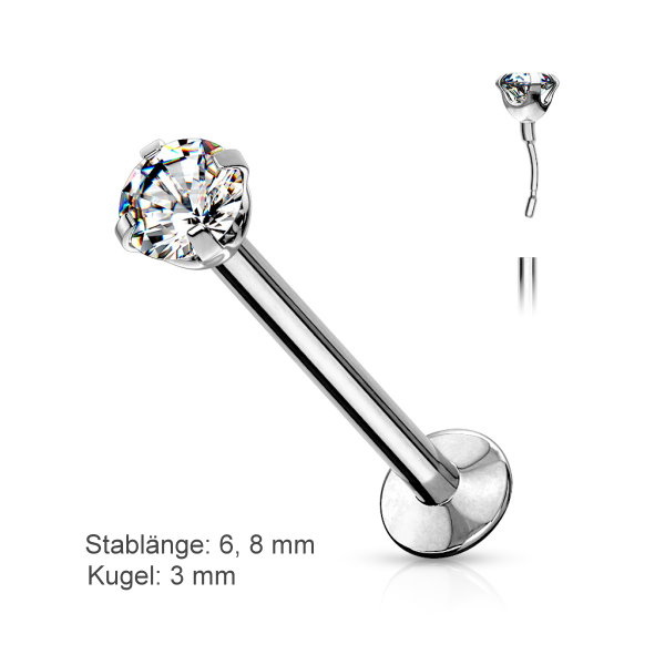 Labret Stecker mit 3 mm Kristall –  Push-In | 6, 8 & 10 mm