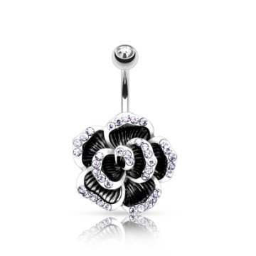 Bauchnabelpiercing schwarze Blume mit Steinchen