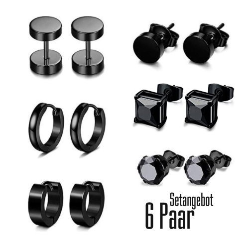 6 Paar Edelstahl Ohrringe in Schwarz