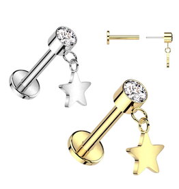 Labret Piercing mit Stern-Anhänger – Steckverschluss | Titanium | 1,2 x 8 mm | Gold & Silber