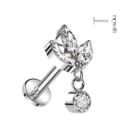 Titan Labret-Anhänger mit 3 Marquise-Zirkonia – Innengewinde | Titan ASTM F136 | 1,2 x 6 mm | Silber