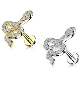 Labret Stecker Schlange mit Kristallsteinchen – Innengewinde | Chirurgenstahl 316L PVD | 1,2 mm | 6 mm oder 8 mm | Gold & Silber