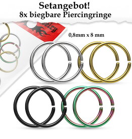 8er Set Nasenringe biegbar – Chirurgenstahl 316L | 0,8 x 8 mm | 4 Farben