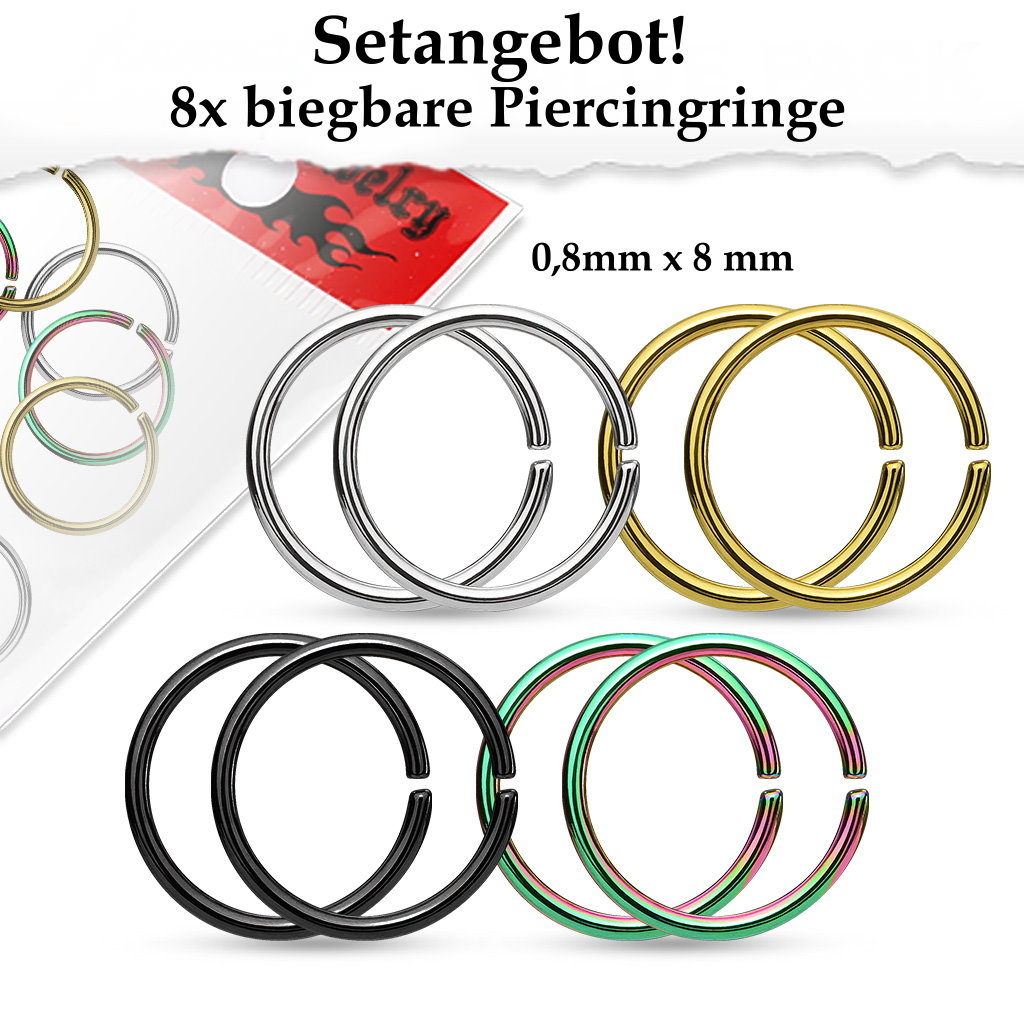8er Set Nasenringe biegbar – 0,8 x 8 mm