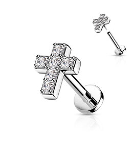 Labret Piercing Kreuz mit Kristall – Innengewinde | Chirurgenstahl 316L | 1,2 mm | 6 mm oder 8 mm Innengewinde | Chirurgenstahl 316L | 1,2 mm | 6 mm oder 8 mm