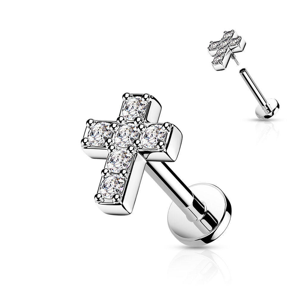 Labret Piercing Kreuz mit Kristall – Innengewinde