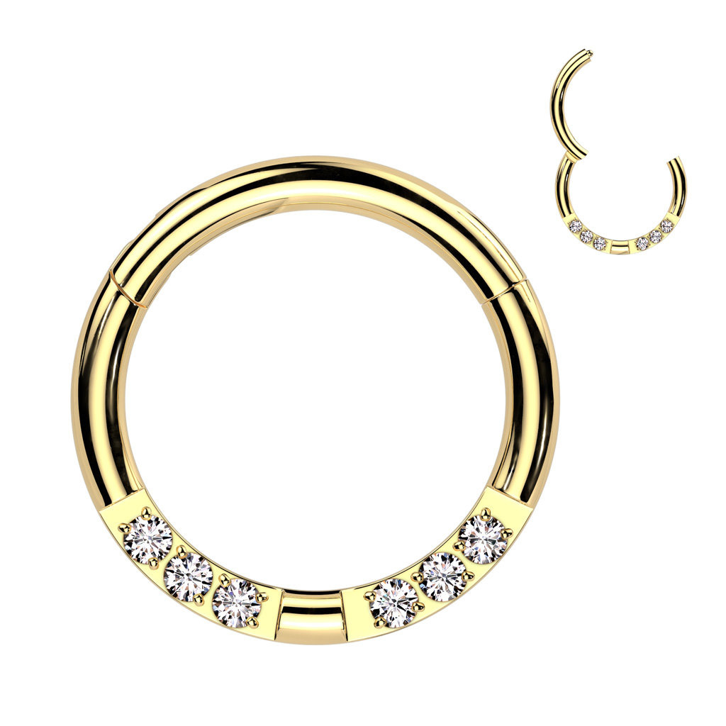 Goldfarbiger Clicker Ring mit 6 Kristall-Zirkonia