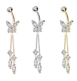 Bauchnabelpiercing Schmetterling mit Anhänger – Chirurgenstahl 316L PVD | Kristall | 1,6 x 10 mm | Silber, Rosé & Gold