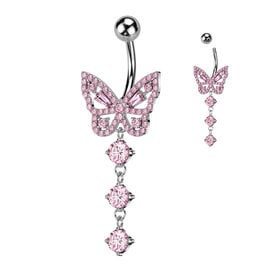 Bauchnabelpiercing Schmetterling mit pinkem Kristall – Chirurgenstahl 316L | 1,6 x 10 mm | Silber