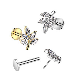 Labret Stecker Blatt mit Zirkonia – Push-In Verschluss | Chirurgenstahl | 1,2 x 8 mm | Gold & Silber