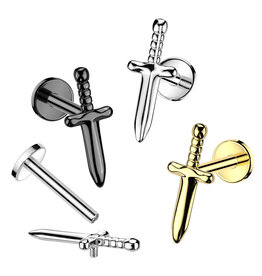 Titan Labret Stecker Dolch – Titan ASTM F136 PVD | 1,2 x 6 mm | Gold, Silber & Schwarz