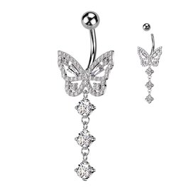 Bauchnabelpiercing Schmetterling mit Kristall-Zirkonia – Chirurgenstahl 316L | 1,6 x 10 mm | Silber