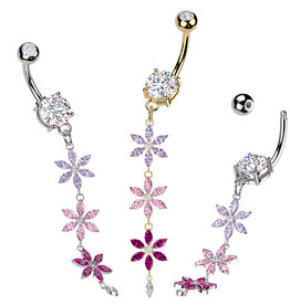 Bauchnabelpiercing mit 3 Blumen-Anhänger – Chirurgenstahl 316L PVD | 1,6 x 10 mm | Gold & Silbe