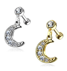 Barbell Stecker mit Mond-Anhänger & Zirkonia – Chirurgenstahl 316L PVD | 1,2 x 6 mm | Gold & Silber