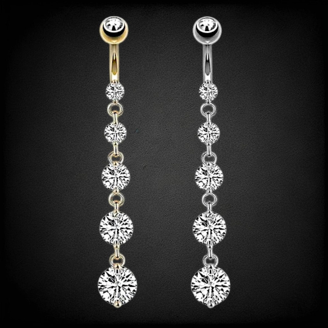 Bauchnabelpiercing mit langem Anhänger & 5 Zirkonia-Steinen