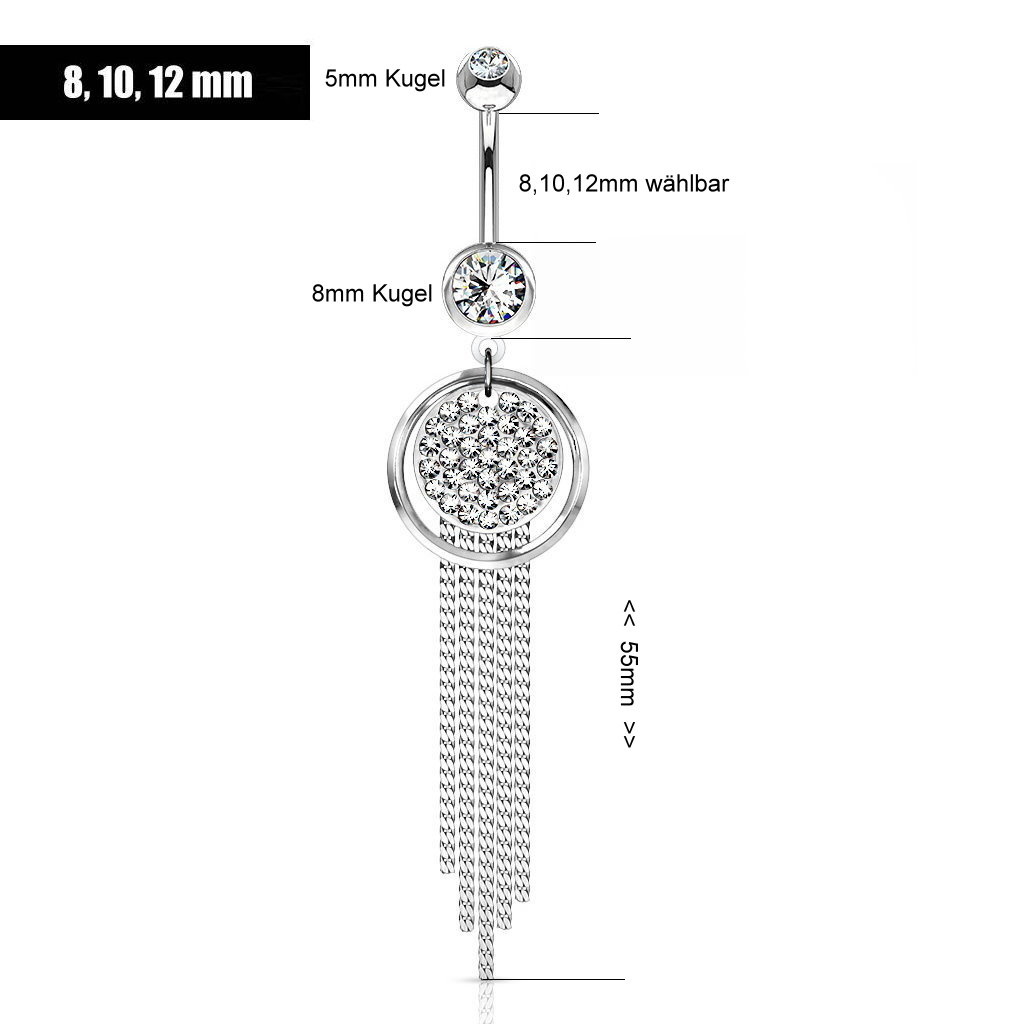 Elegantes Bauchnabelpiercing mit 55 mm langem Kristall-Zirkonia-Anhänger