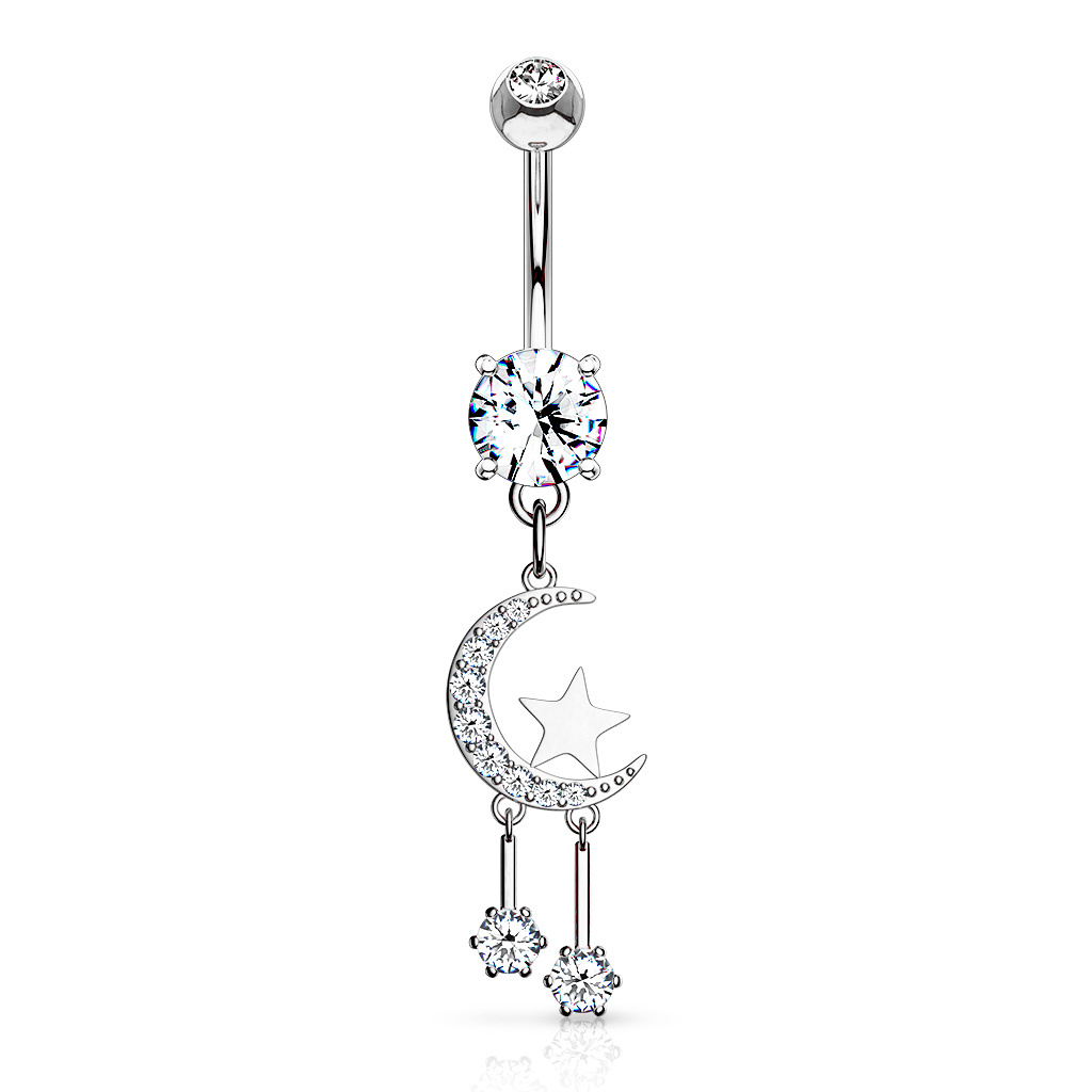 Bauchnabelpiercing Mond mit Stern – Kristall-Zirkonia | Gold, Rosé & Silber