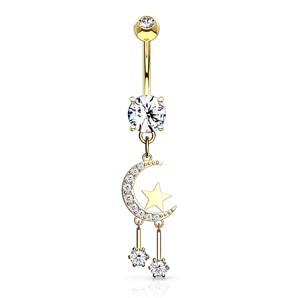 Bauchnabelpiercing Mond mit Stern – Kristall-Zirkonia | Gold, Rosé & Silber