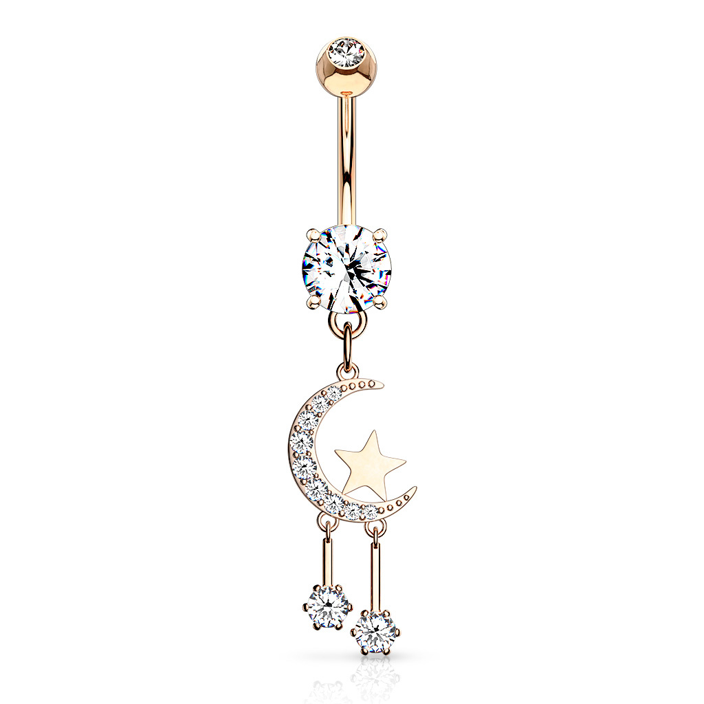 Bauchnabelpiercing Mond mit Stern – Kristall-Zirkonia | Gold, Rosé & Silber