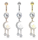 Bauchnabelpiercing Mond mit Stern – Kristall-Zirkonia | Gold, Rosé & Silber