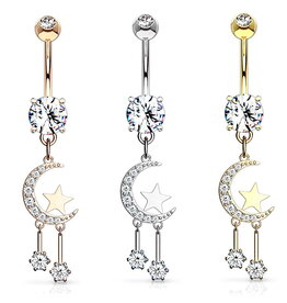Bauchnabelpiercing Mond mit Stern – Kristall-Zirkonia | Chirurgenstahl 316L | Gold, Rosé & Silber