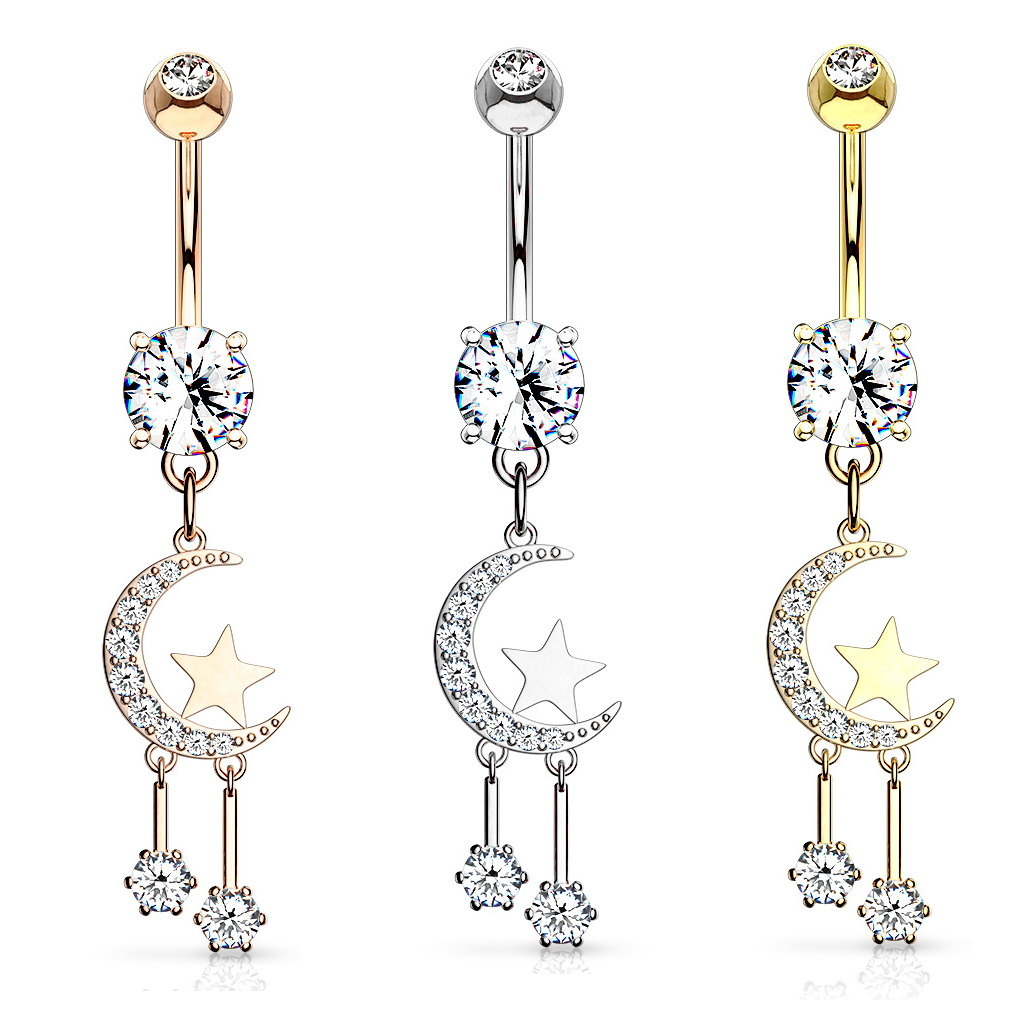 Bauchnabelpiercing Mond mit Stern – Kristall-Zirkonia | Gold, Rosé & Silber