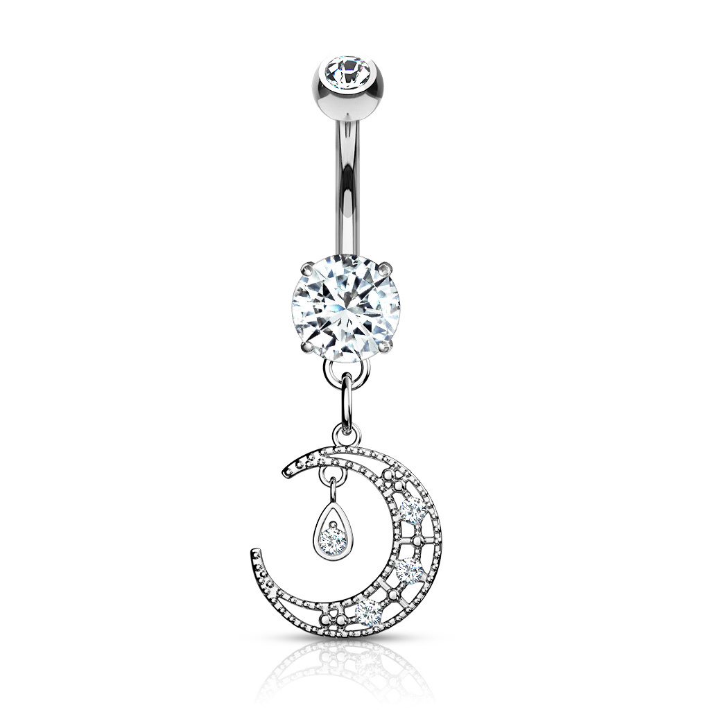 Bauchnabelpiercing mit Mond-Anhänger und Zirkonia