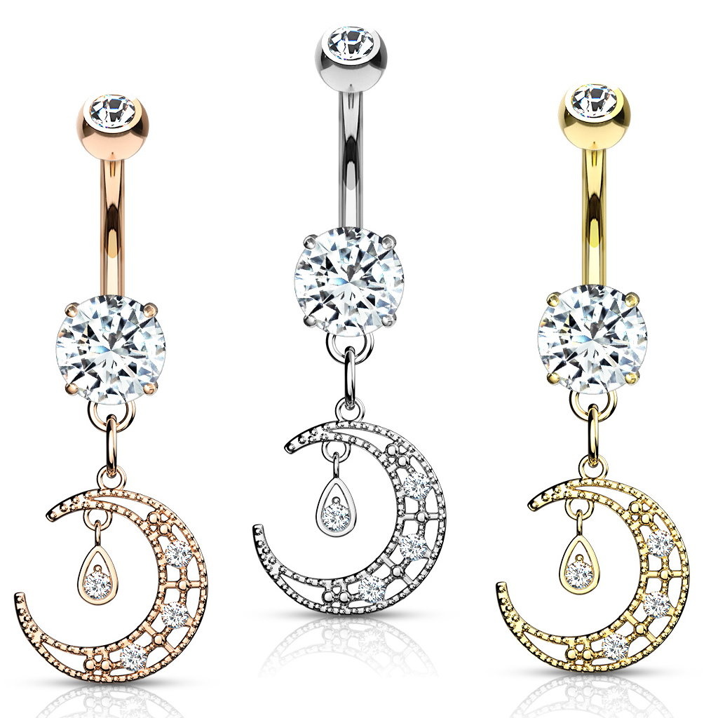 Bauchnabelpiercing mit Mond-Anhänger und Zirkonia