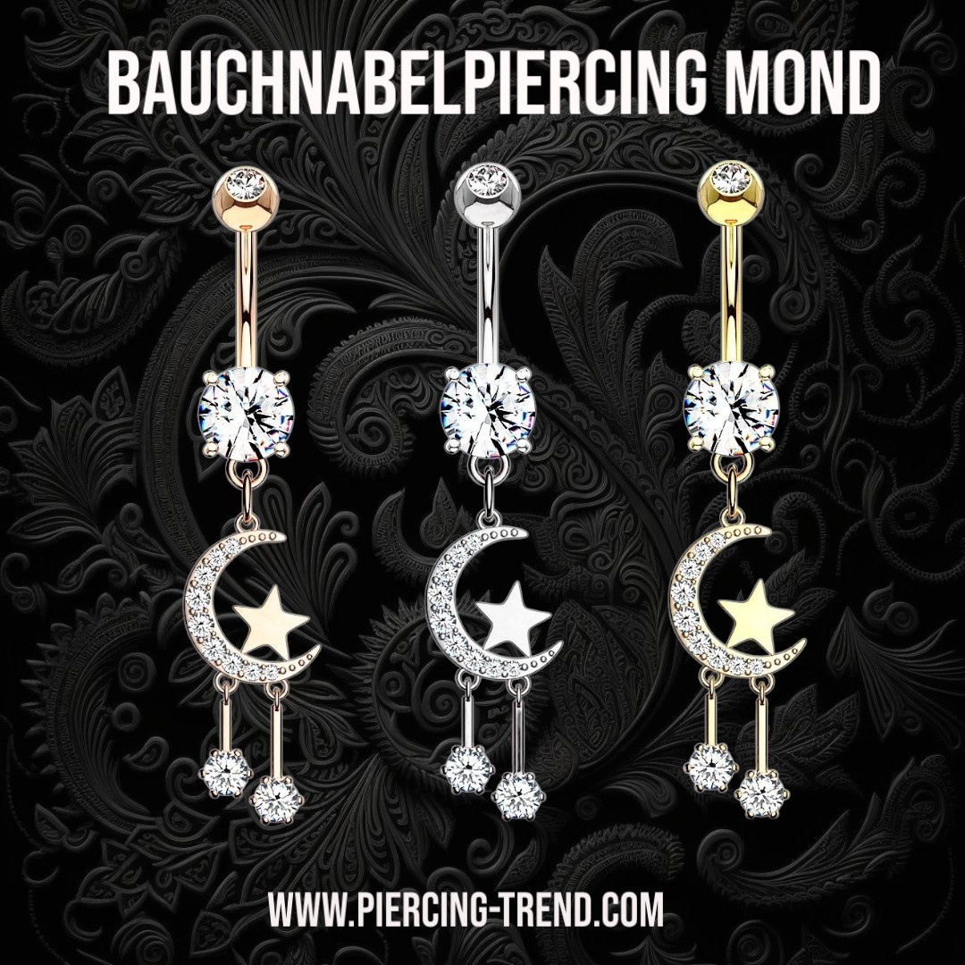 Bauchnabelpiercing Mond mit Stern – Kristall-Zirkonia | Gold, Rosé & Silber