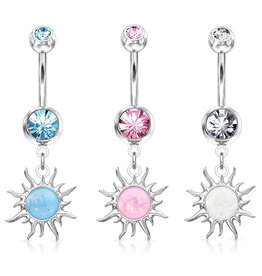 Bauchnabelpiercing Sonne mit Kristall – Chirurgenstahl 316L | 1,6 x 10 mm | Türkis, Pink & Kristall