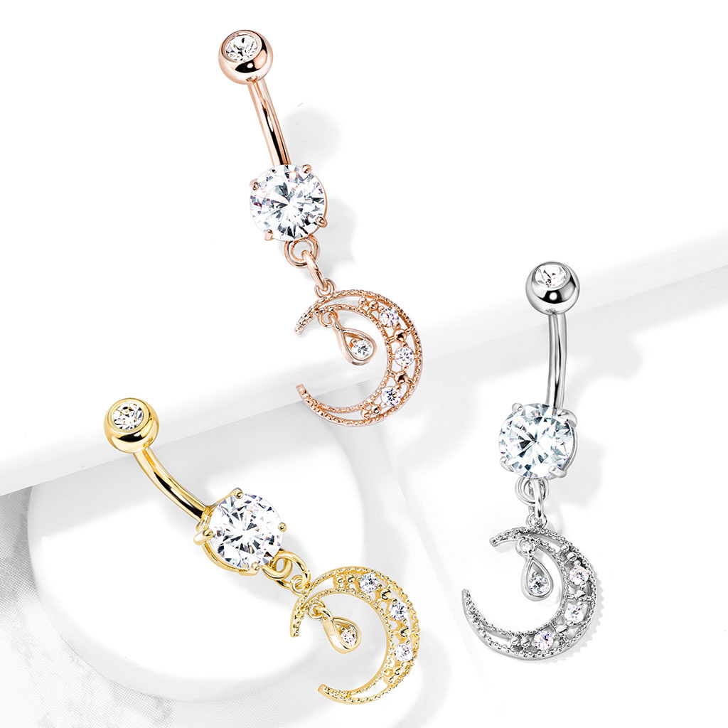 Bauchnabelpiercing mit Mond-Anhänger und Zirkonia