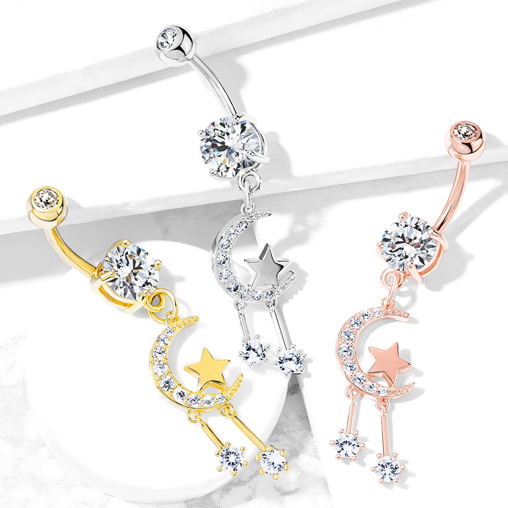 Bauchnabelpiercing Mond mit Stern – Kristall-Zirkonia | Gold, Rosé & Silber