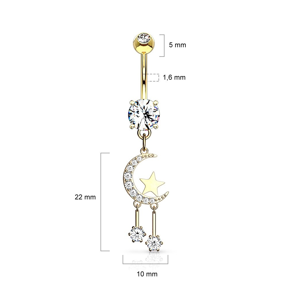 Bauchnabelpiercing Mond mit Stern – Kristall-Zirkonia | Gold, Rosé & Silber