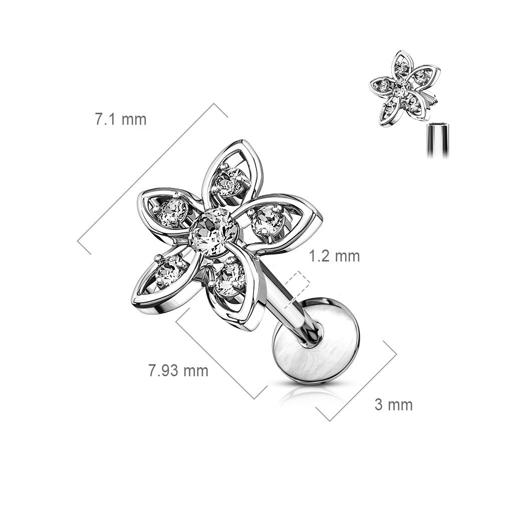 Labret Stecker Blume mit Kristall-Zirkonia – Innengewinde