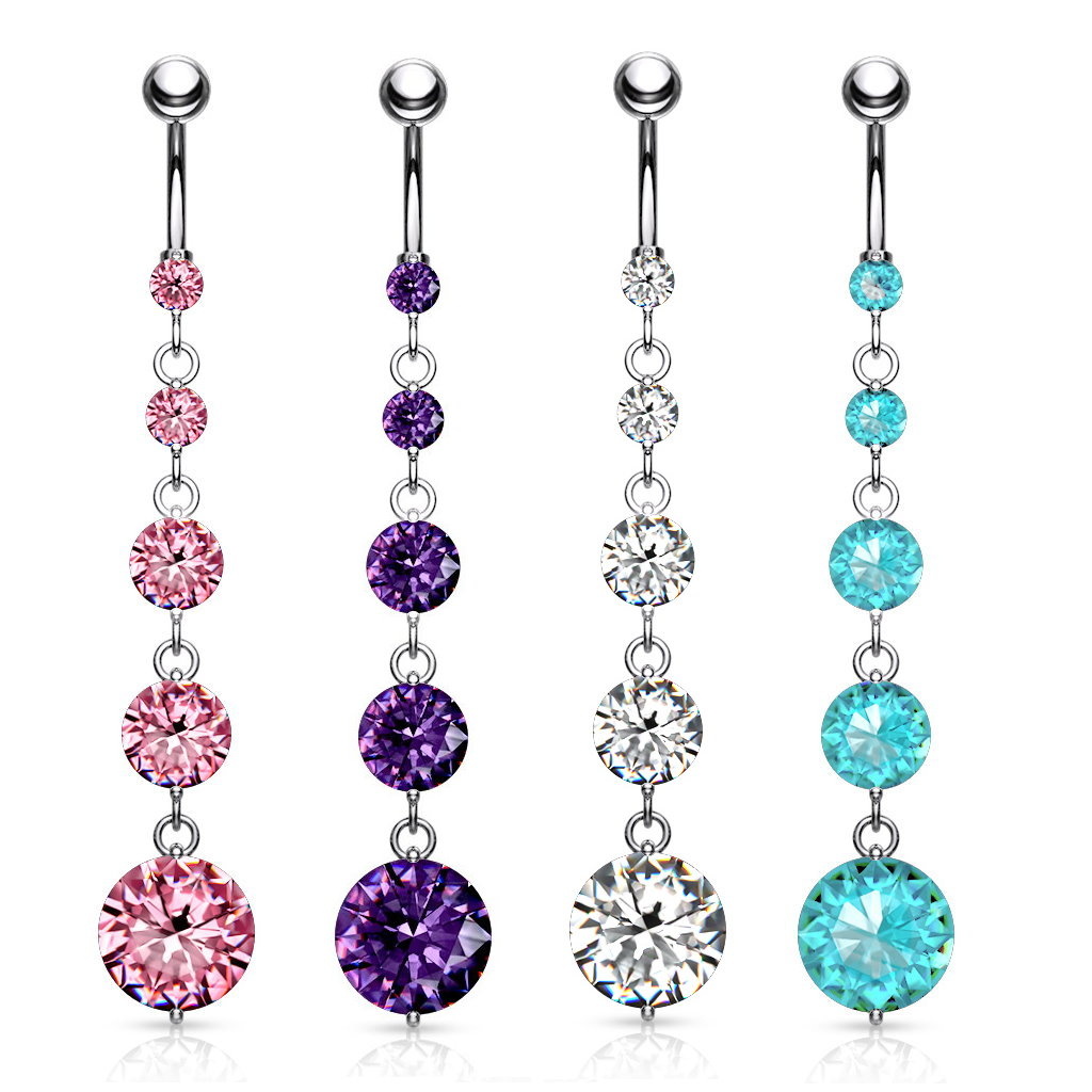Langes Bauchnabelpiercing mit 5 Kristall-Zirkonia –  4 Farben