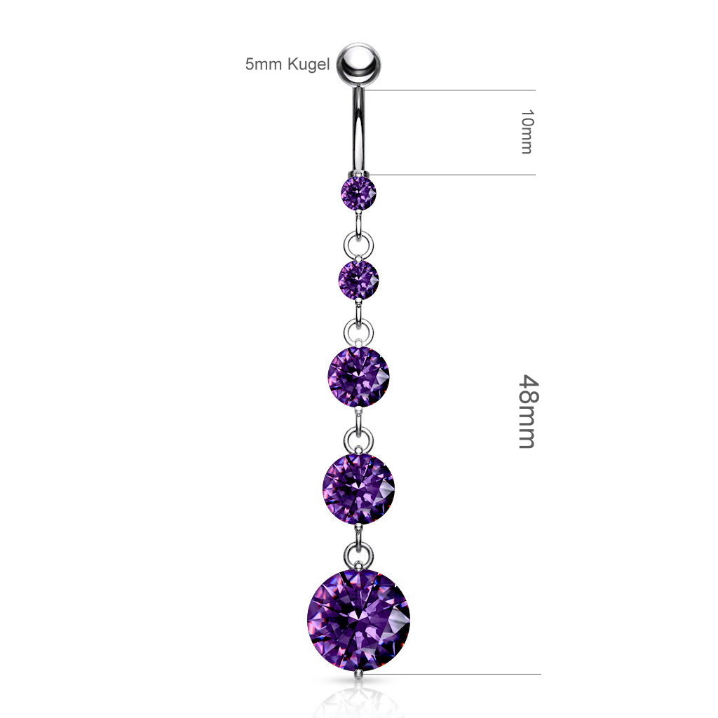 Langes Bauchnabelpiercing mit 5 Kristall-Zirkonia –  4 Farben