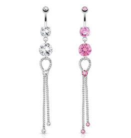 Bauchnabelpiercing mit 51 mm langem Zirkonia-Anhänger – Pink & Kristall | 1,6 x 10 mm