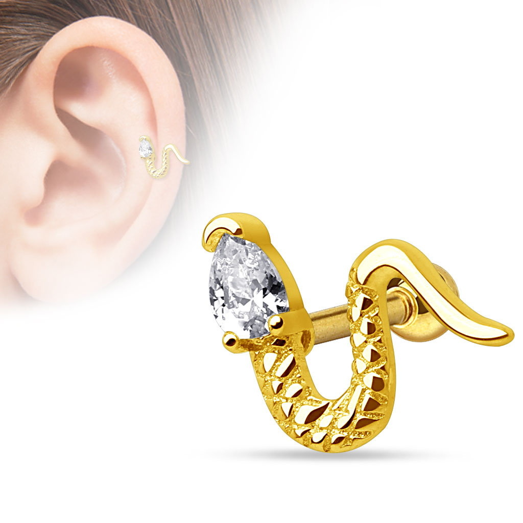 Gold Ohrpiercing Schlange mit Kristall