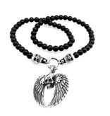 Schwarze Perlenkette mit Totenkopf & Flügel