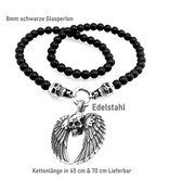 Schwarze Perlenkette mit Totenkopf & Flügel